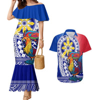 Personalised Philippines Couples Matching Mermaid Dress and Hawaiian Shirt Filipino Sarimanok With Polynesian Tattoo LT14 Blue - Polynesian Pride
