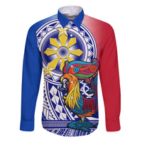 Personalised Philippines Family Matching Tank Maxi Dress and Hawaiian Shirt Filipino Sarimanok With Polynesian Tattoo LT14 Dad's Shirt - Long Sleeve Blue - Polynesian Pride