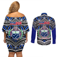 Samoa 685 Couples Matching Off Shoulder Short Dress and Long Sleeve Button Shirt Samoan Coat Of Arms Simple Style LT14 - Polynesian Pride