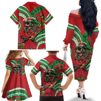 Mele Kalikimaka Hawaii Family Matching Off The Shoulder Long Sleeve Dress and Hawaiian Shirt Mongoose Santa With Ohia Lehua LT14 - Polynesian Pride