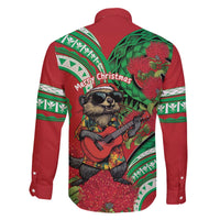 Mele Kalikimaka Hawaii Family Matching Off The Shoulder Long Sleeve Dress and Hawaiian Shirt Mongoose Santa With Ohia Lehua LT14 - Polynesian Pride