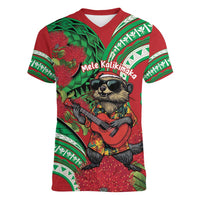 Mele Kalikimaka Hawaii Women V-Neck T-Shirt Mongoose Santa With Ohia Lehua