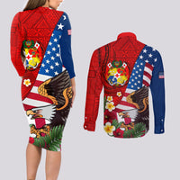 United States And Tonga Couples Matching Long Sleeve Bodycon Dress and Long Sleeve Button Shirt USA Flag Eagle Mix Tongan Coat Of Arms Ngatu Pattern LT14 - Polynesian Pride