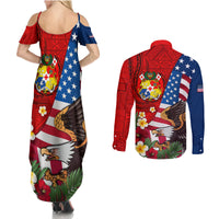 United States And Tonga Couples Matching Summer Maxi Dress and Long Sleeve Button Shirt USA Flag Eagle Mix Tongan Coat Of Arms Ngatu Pattern LT14 - Polynesian Pride