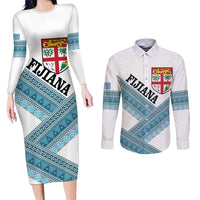 Custom Fiji Tapa Rugby 2025 Couples Matching Long Sleeve Bodycon Dress and Long Sleeve Button Shirt Go Champions Fijiana LT14 White - Polynesian Pride
