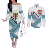 Custom Fiji Tapa Rugby 2025 Couples Matching Off The Shoulder Long Sleeve Dress and Long Sleeve Button Shirt Go Champions Fijiana LT14 White - Polynesian Pride