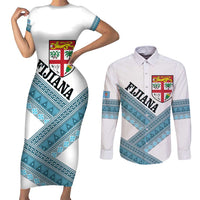 Custom Fiji Tapa Rugby 2025 Couples Matching Short Sleeve Bodycon Dress and Long Sleeve Button Shirt Go Champions Fijiana LT14 White - Polynesian Pride
