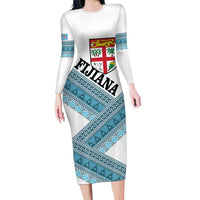 Custom Fiji Tapa Rugby 2025 Long Sleeve Bodycon Dress Go Champions Fijiana LT14 Long Dress White - Polynesian Pride
