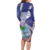 Biba Guam Liberation Day Long Sleeve Bodycon Dress Tano y Chamoru Latte Stone Blue