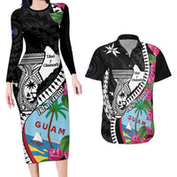 Biba Guam Liberation Day Couples Matching Long Sleeve Bodycon Dress and Hawaiian Shirt Tano y Chamoru Latte Stone Black