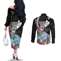 Biba Guam Liberation Day Couples Matching Off The Shoulder Long Sleeve Dress and Long Sleeve Button Shirt Tano y Chamoru Latte Stone Black