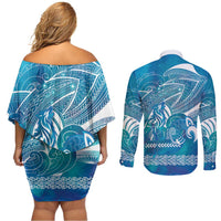 Kuri Dog Waka New Zealand Matariki Couples Matching Off Shoulder Short Dress and Long Sleeve Button Shirt Ocean Sharks Maori Tattoo LT14 - Polynesian Pride