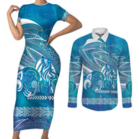 Kuri Dog Waka New Zealand Matariki Couples Matching Short Sleeve Bodycon Dress and Long Sleeve Button Shirt Ocean Sharks Maori Tattoo LT14 Blue - Polynesian Pride