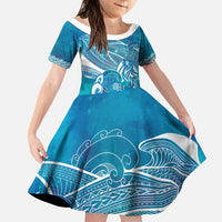 Kuri Dog Waka New Zealand Matariki Family Matching Short Sleeve Bodycon Dress and Hawaiian Shirt Ocean Sharks Maori Tattoo LT14 Daughter's Dress Blue - Polynesian Pride