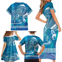 Kuri Dog Waka New Zealand Matariki Family Matching Short Sleeve Bodycon Dress and Hawaiian Shirt Ocean Sharks Maori Tattoo LT14 - Polynesian Pride