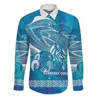 Kuri Dog Waka New Zealand Matariki Family Matching Tank Maxi Dress and Hawaiian Shirt Ocean Sharks Maori Tattoo LT14 Dad's Shirt - Long Sleeve Blue - Polynesian Pride