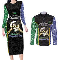 Personalised South Sea Islanders National Recognition Day Couples Matching Long Sleeve Bodycon Dress and Long Sleeve Button Shirt Australia Aboriginal Vanuatu Pig Tusk LT14 Black - Polynesian Pride