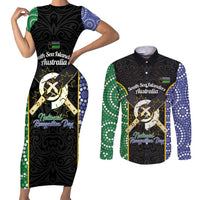 Personalised South Sea Islanders National Recognition Day Couples Matching Short Sleeve Bodycon Dress and Long Sleeve Button Shirt Australia Aboriginal Vanuatu Pig Tusk LT14 Black - Polynesian Pride