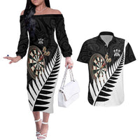 Personalised New Zealand Darts Couples Matching Off The Shoulder Long Sleeve Dress and Hawaiian Shirt Silver Fern Aotearoa Maori Pattern LT14 Black - Polynesian Pride