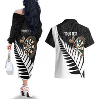 Personalised New Zealand Darts Couples Matching Off The Shoulder Long Sleeve Dress and Hawaiian Shirt Silver Fern Aotearoa Maori Pattern LT14 - Polynesian Pride