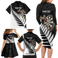 Personalised New Zealand Darts Family Matching Long Sleeve Bodycon Dress and Hawaiian Shirt Silver Fern Aotearoa Maori Pattern LT14 - Polynesian Pride
