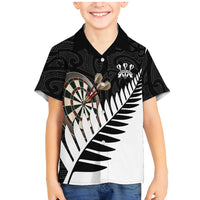 Personalised New Zealand Darts Family Matching Mermaid Dress and Hawaiian Shirt Silver Fern Aotearoa Maori Pattern LT14 Son's Shirt Black - Polynesian Pride