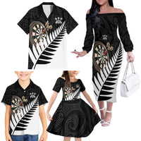 Personalised New Zealand Darts Family Matching Off The Shoulder Long Sleeve Dress and Hawaiian Shirt Silver Fern Aotearoa Maori Pattern LT14 - Polynesian Pride