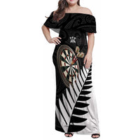 Personalised New Zealand Darts Family Matching Off Shoulder Maxi Dress and Hawaiian Shirt Silver Fern Aotearoa Maori Pattern LT14 Mom's Dress Black - Polynesian Pride
