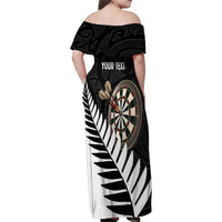 Personalised New Zealand Darts Family Matching Off Shoulder Maxi Dress and Hawaiian Shirt Silver Fern Aotearoa Maori Pattern LT14 - Polynesian Pride