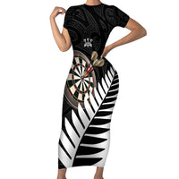 Personalised New Zealand Darts Family Matching Short Sleeve Bodycon Dress and Hawaiian Shirt Silver Fern Aotearoa Maori Pattern LT14 Mom's Dress Black - Polynesian Pride