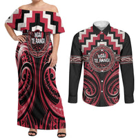 Aotearoa Ngai Te Rangi Personalised Couples Matching Off Shoulder Maxi Dress and Long Sleeve Button Shirt Maori Iwi Poutama Puhoro Tattoo LT14 Red - Polynesian Pride