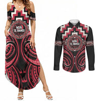 Aotearoa Ngai Te Rangi Personalised Couples Matching Summer Maxi Dress and Long Sleeve Button Shirt Maori Iwi Poutama Puhoro Tattoo LT14 Red - Polynesian Pride
