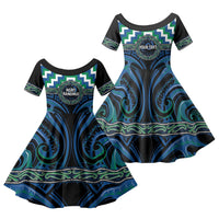 Aotearoa Ngati Ranginui Personalised Family Matching Off Shoulder Maxi Dress and Hawaiian Shirt Maori Iwi Poutama Puhoro Tattoo LT14 Daughter's Dress Green - Polynesian Pride