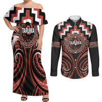 Aotearoa Tapuika Personalised Couples Matching Off Shoulder Maxi Dress and Long Sleeve Button Shirt Maori Iwi Poutama Puhoro Tattoo LT14 Red - Polynesian Pride