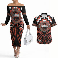 Aotearoa Tapuika Personalised Couples Matching Off The Shoulder Long Sleeve Dress and Hawaiian Shirt Maori Iwi Poutama Puhoro Tattoo LT14 Red - Polynesian Pride