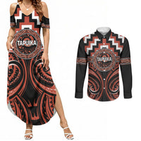 Aotearoa Tapuika Personalised Couples Matching Summer Maxi Dress and Long Sleeve Button Shirt Maori Iwi Poutama Puhoro Tattoo LT14 Red - Polynesian Pride