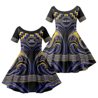 Aotearoa Ngati Raukawa Personalised Family Matching Short Sleeve Bodycon Dress and Hawaiian Shirt Maori Iwi Poutama Puhoro Tattoo LT14 Daughter's Dress Blue - Polynesian Pride