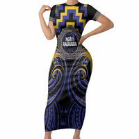 Aotearoa Ngati Raukawa Personalised Short Sleeve Bodycon Dress Maori Iwi Poutama Puhoro Tattoo LT14 Long Dress Blue - Polynesian Pride