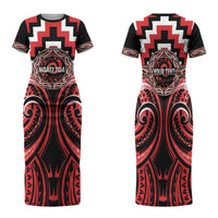 Aotearoa Ngati Toa Personalised Family Matching Short Sleeve Bodycon Dress and Hawaiian Shirt Maori Iwi Poutama Puhoro Tattoo LT14 Mom's Dress Red - Polynesian Pride