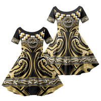 Aotearoa Ngati Tama Personalised Family Matching Long Sleeve Bodycon Dress and Hawaiian Shirt Maori Iwi Poutama Puhoro Tattoo LT14 Daughter's Dress Yellow - Polynesian Pride