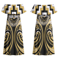Aotearoa Ngati Tama Personalised Family Matching Off Shoulder Maxi Dress and Hawaiian Shirt Maori Iwi Poutama Puhoro Tattoo LT14 Mom's Dress Yellow - Polynesian Pride