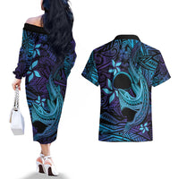 Nukuoro Atoll Couples Matching Off The Shoulder Long Sleeve Dress and Hawaiian Shirt Polynesian Shark Tattoo Purple Gradient Vibes LT14 - Polynesian Pride