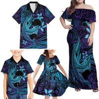 Nukuoro Atoll Family Matching Off Shoulder Maxi Dress and Hawaiian Shirt Polynesian Shark Tattoo Purple Gradient Vibes LT14 - Polynesian Pride