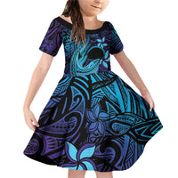 Nukuoro Atoll Family Matching Off Shoulder Short Dress and Hawaiian Shirt Polynesian Shark Tattoo Purple Gradient Vibes LT14 Daughter's Dress Purple - Polynesian Pride