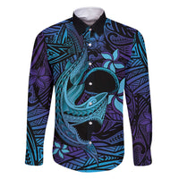 Nukuoro Atoll Family Matching Tank Maxi Dress and Hawaiian Shirt Polynesian Shark Tattoo Purple Gradient Vibes LT14 Dad's Shirt - Long Sleeve Purple - Polynesian Pride