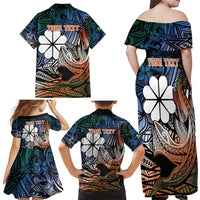 Personalised Kwajalein Atoll Family Matching Off Shoulder Maxi Dress and Hawaiian Shirt Polynesian Shark Tattoo Gradient Vibes LT14 - Polynesian Pride