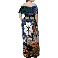 Personalised Kwajalein Atoll Family Matching Off Shoulder Maxi Dress and Hawaiian Shirt Polynesian Shark Tattoo Gradient Vibes LT14 - Polynesian Pride