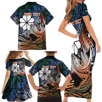 Personalised Kwajalein Atoll Family Matching Short Sleeve Bodycon Dress and Hawaiian Shirt Polynesian Shark Tattoo Gradient Vibes LT14 - Polynesian Pride