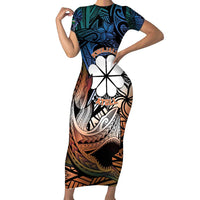 Personalised Kwajalein Atoll Family Matching Short Sleeve Bodycon Dress and Hawaiian Shirt Polynesian Shark Tattoo Gradient Vibes LT14 Mom's Dress Black - Polynesian Pride