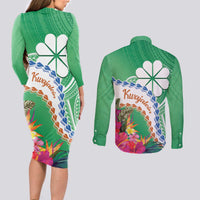 Marshall Islands Kwajalein Atoll Couples Matching Long Sleeve Bodycon Dress and Long Sleeve Button Shirt Curves Polynesian Mix Tropical Flowers LT14 - Polynesian Pride